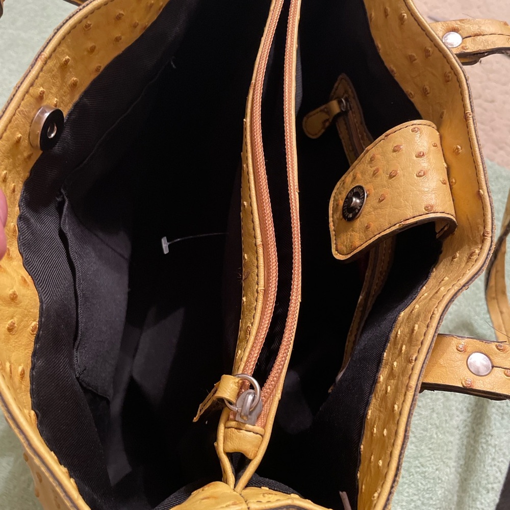 Merona Genuine Ostrich Leather Tote Bag Yellow Mustard Shoulder Bag - Picture 11 of 16